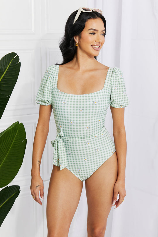 Marina West Swim Salty Air Puff Sleeve One-Piece in Sage - Swimwear One-Pieces - FITGGINS