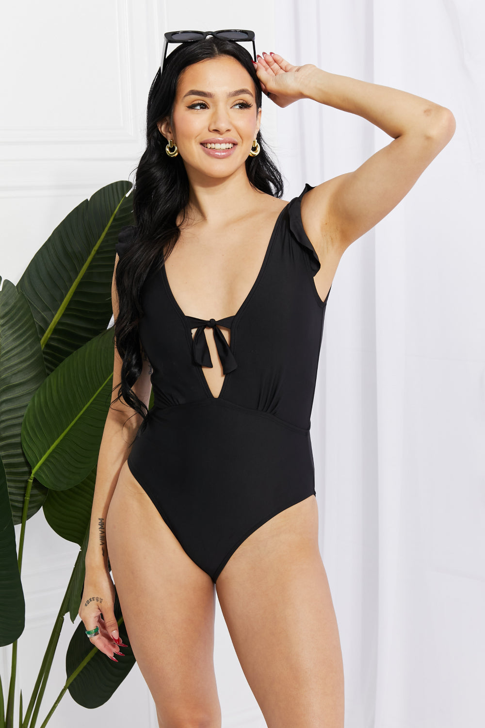 Marina West Swim Seashell Ruffle Sleeve One-Piece in Black - Bikinis & Tankinis - FITGGINS