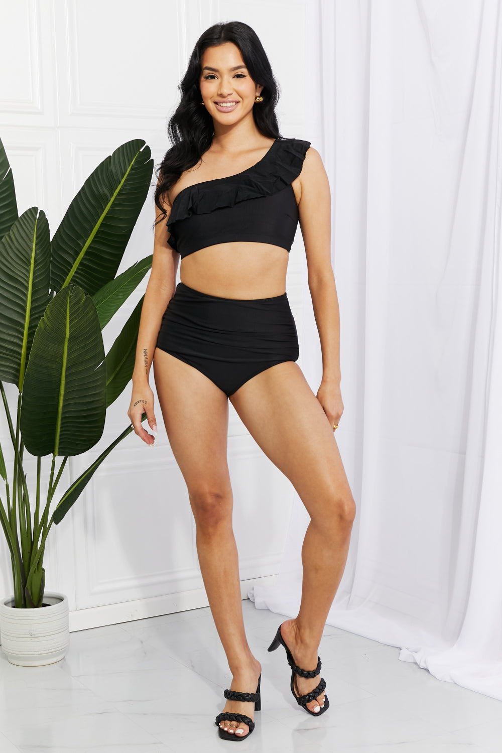 Marina West Swim Seaside Romance Ruffle One-Shoulder Bikini in Black - Bikinis & Tankinis - FITGGINS