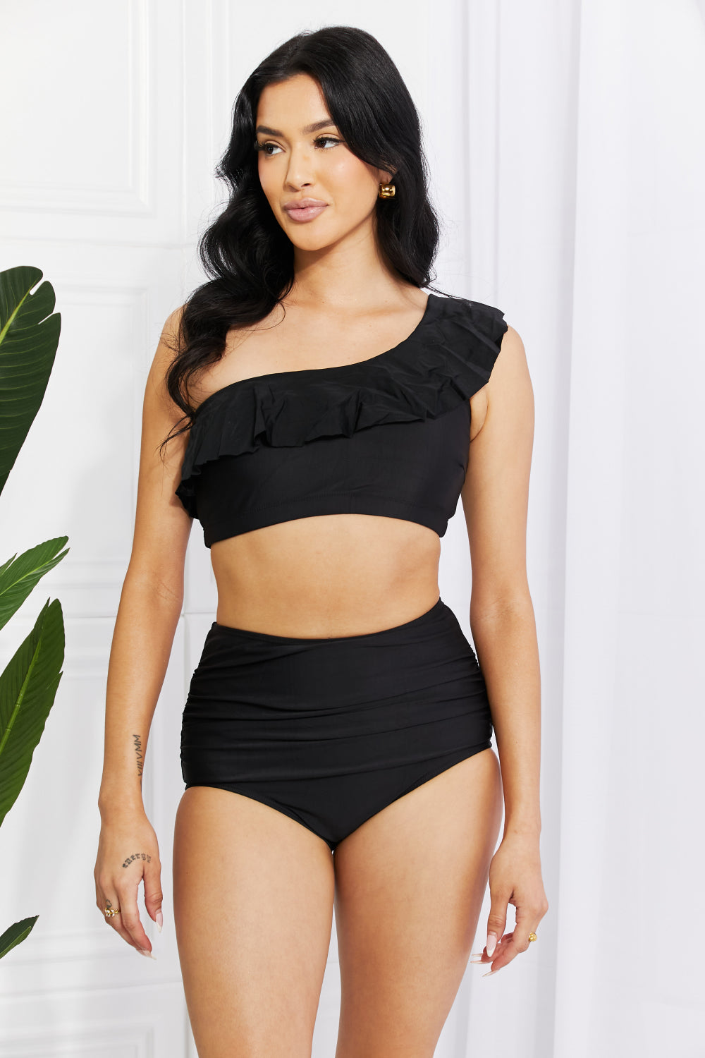 Marina West Swim Seaside Romance Ruffle One-Shoulder Bikini in Black - Bikinis & Tankinis - FITGGINS