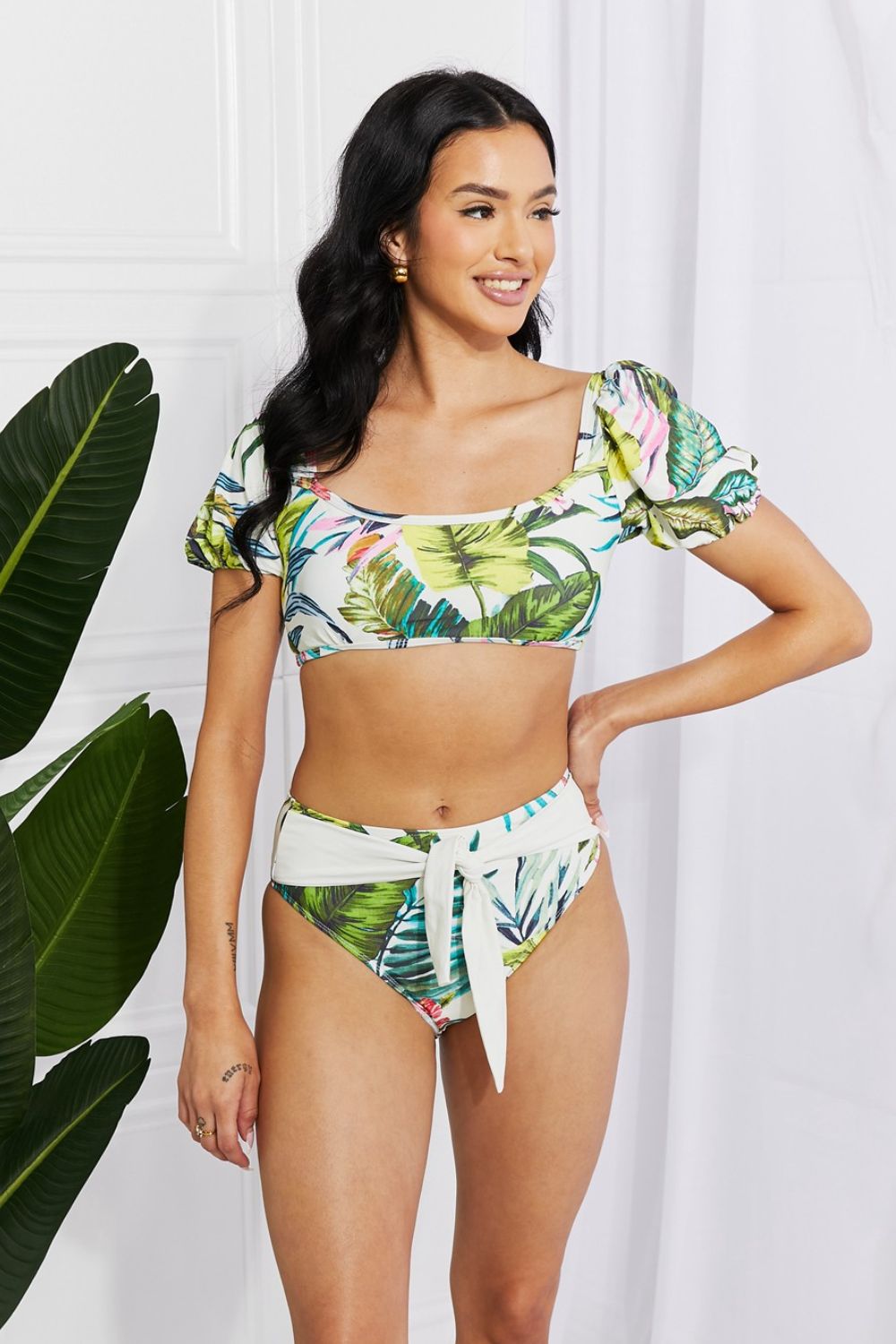 Marina West Swim Vacay Ready Puff Sleeve Bikini in Floral - Bikinis & Tankinis - FITGGINS