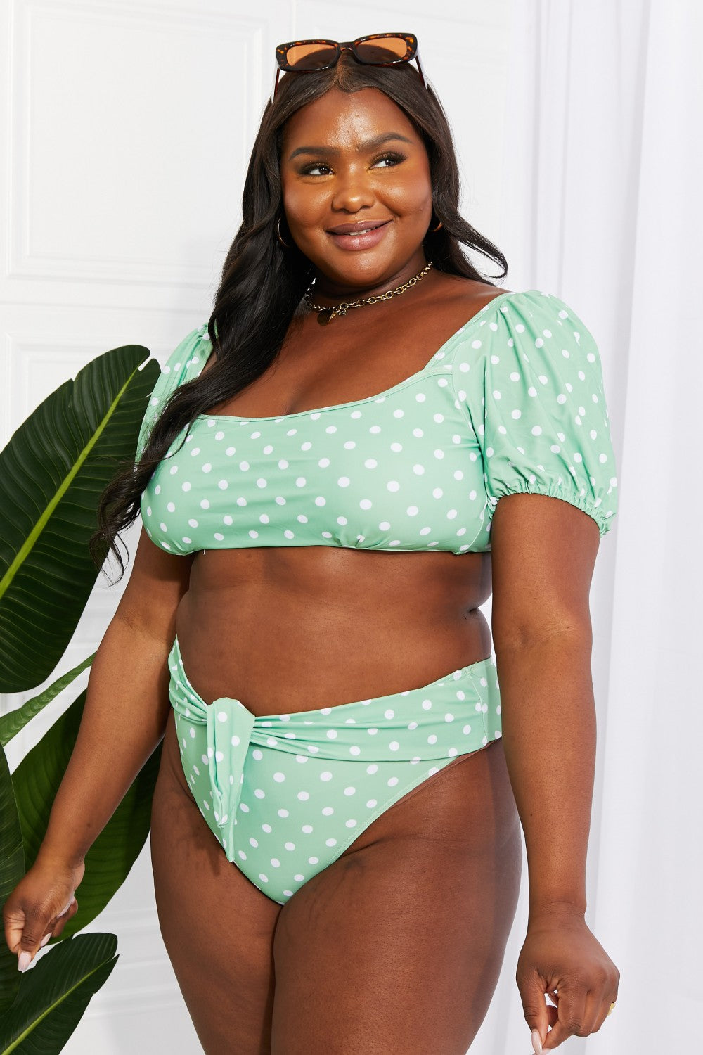 Marina West Swim Vacay Ready Puff Sleeve Bikini in Gum Leaf - Bikinis & Tankinis - FITGGINS