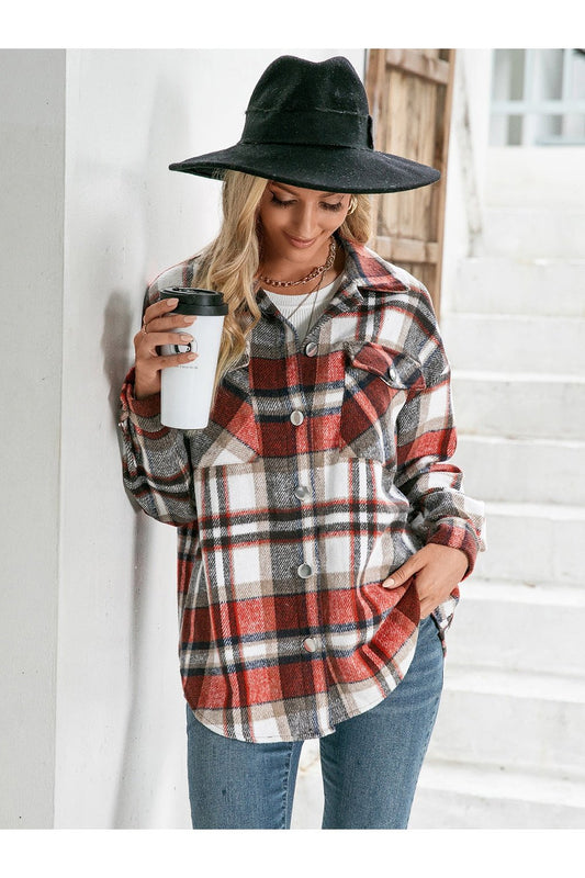 Plaid Button Down Curved Hem Shacket for Women Fitggins