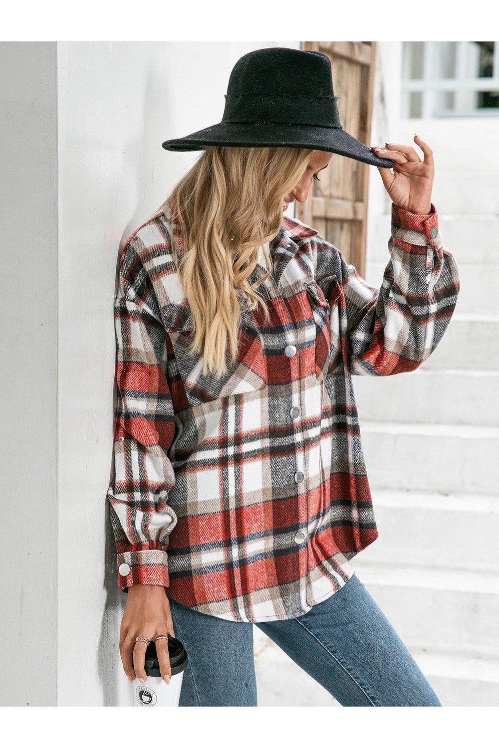 Meet You Outside Plaid Button Down Curved Hem Shacket - Jackets - FITGGINS