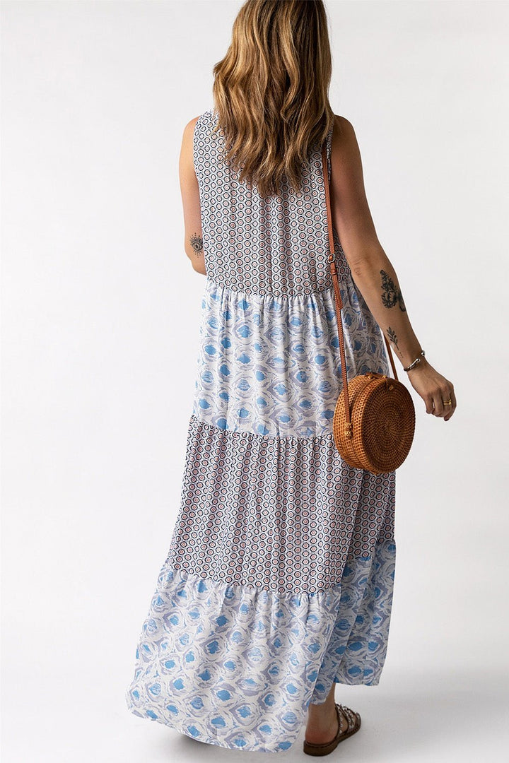 Mixed Print Tie-Neck Sleeveless Maxi Dress - Casual & Maxi Dresses - FITGGINS