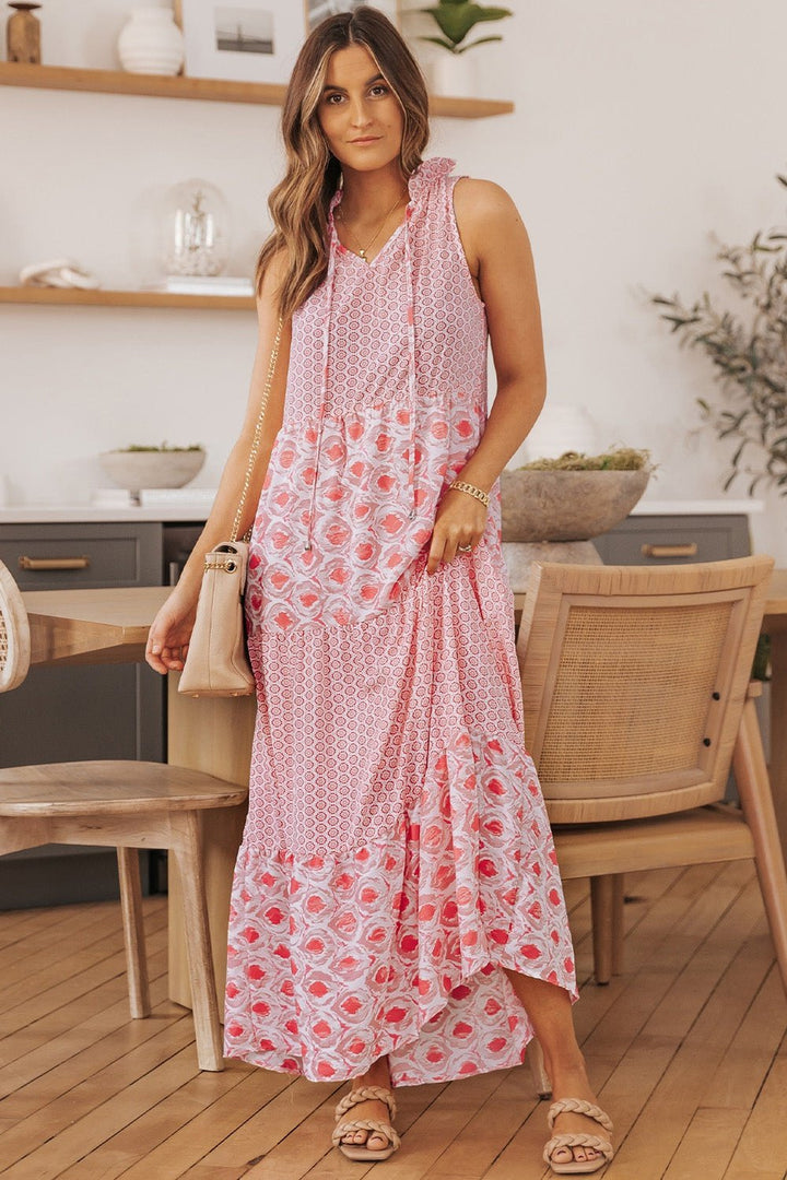 Mixed Print Tie-Neck Sleeveless Maxi Dress - Casual & Maxi Dresses - FITGGINS