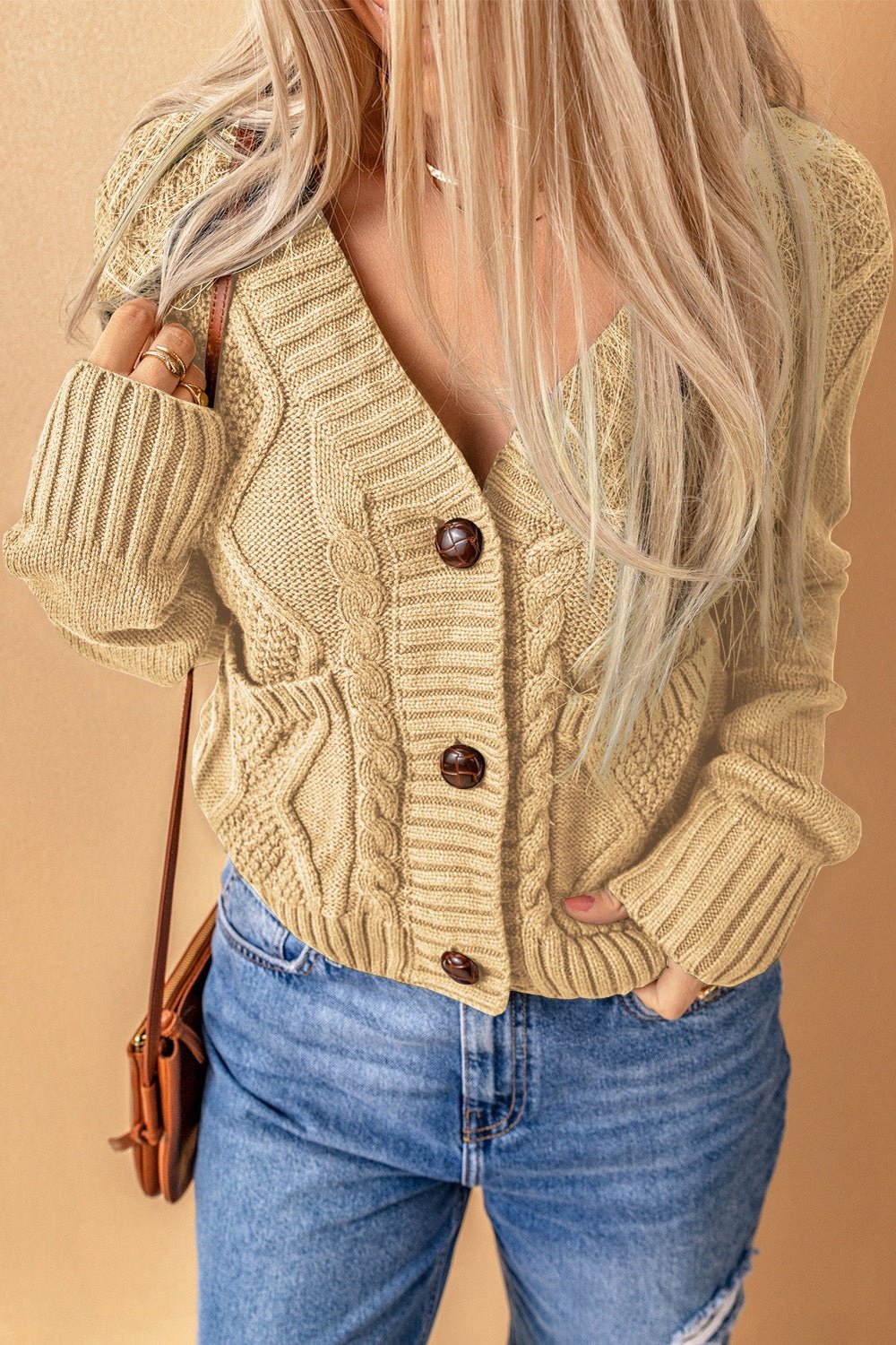 Mixed Knit Button Down Cardigan with Pockets - Cardigans - FITGGINS