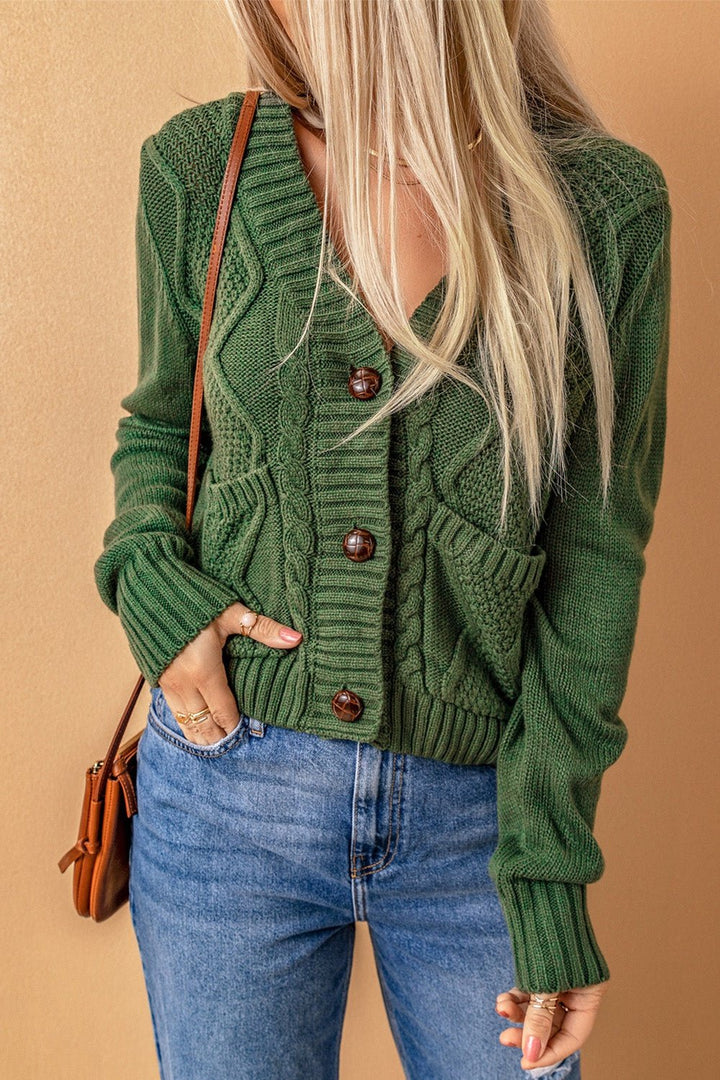 Mixed Knit Button Down Cardigan with Pockets - Cardigans - FITGGINS