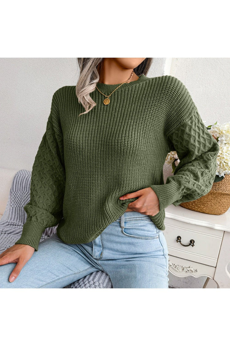 Mixed Knit Round Neck Dropped Shoulder Sweater - Pullover Sweaters - FITGGINS