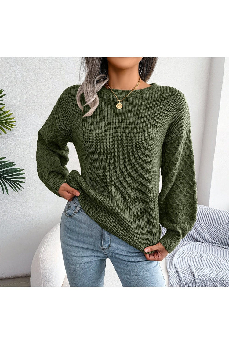 Mixed Knit Round Neck Dropped Shoulder Sweater - Pullover Sweaters - FITGGINS