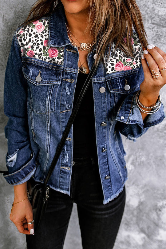 Mixed Print Distressed Button Front Denim Jacket - Jackets - FITGGINS