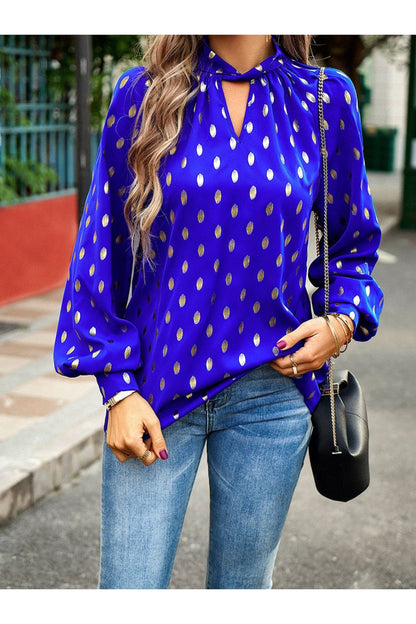 Mock Neck Cutout Lantern Sleeve Blouse - Blouses - FITGGINS