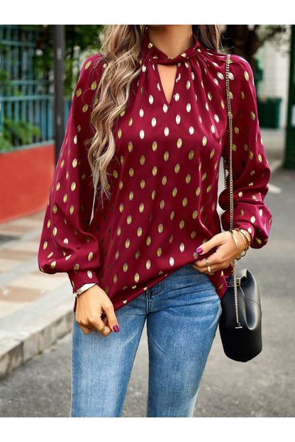 Mock Neck Cutout Lantern Sleeve Blouse - Blouses - FITGGINS