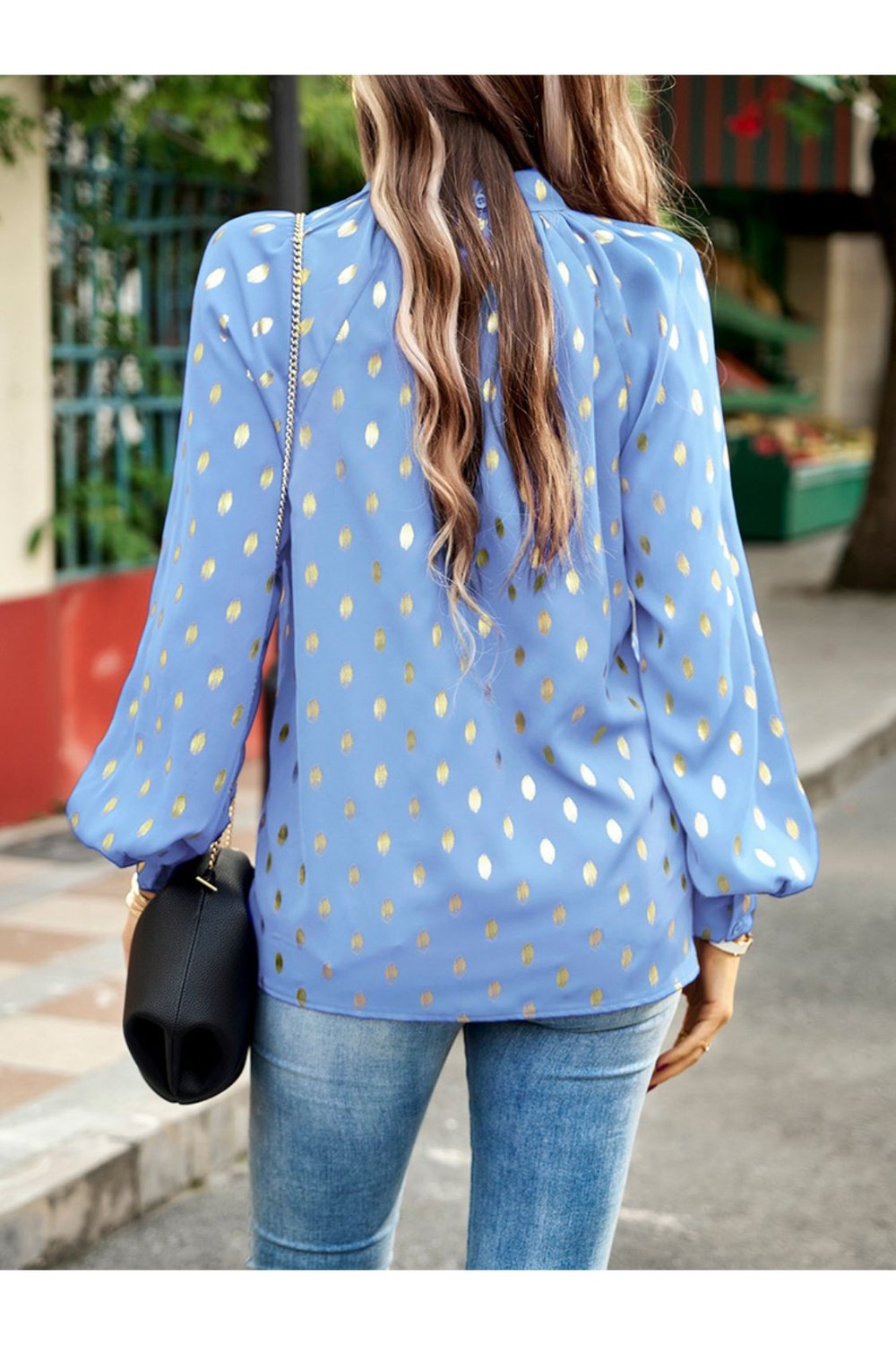 Mock Neck Cutout Lantern Sleeve Blouse - Blouses - FITGGINS