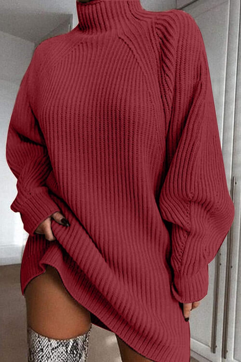 Mock Neck Dropped Shoulder Sweater Dress - Sweater Dresses - FITGGINS