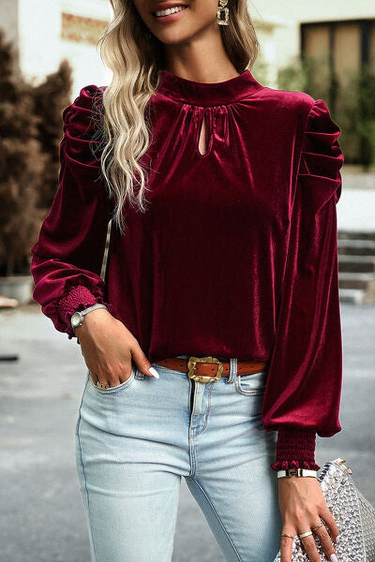 Mock Neck Puff Sleeve Blouse - Blouses - FITGGINS