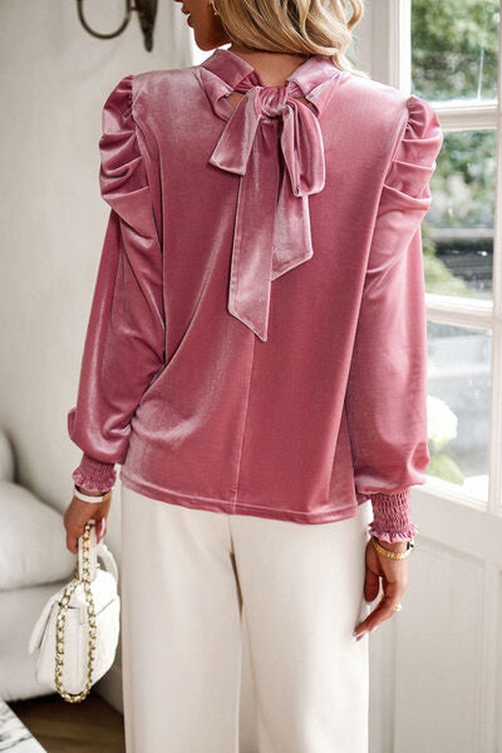 Mock Neck Puff Sleeve Blouse - Blouses - FITGGINS