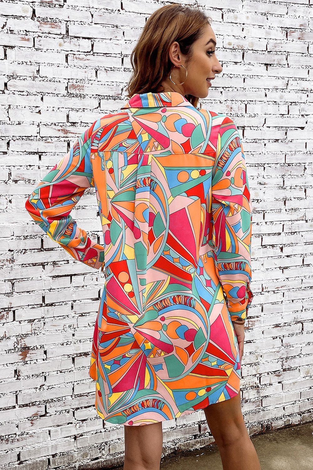 Multicolored Long Sleeve Shirt Dress - Casual & Maxi Dresses - FITGGINS