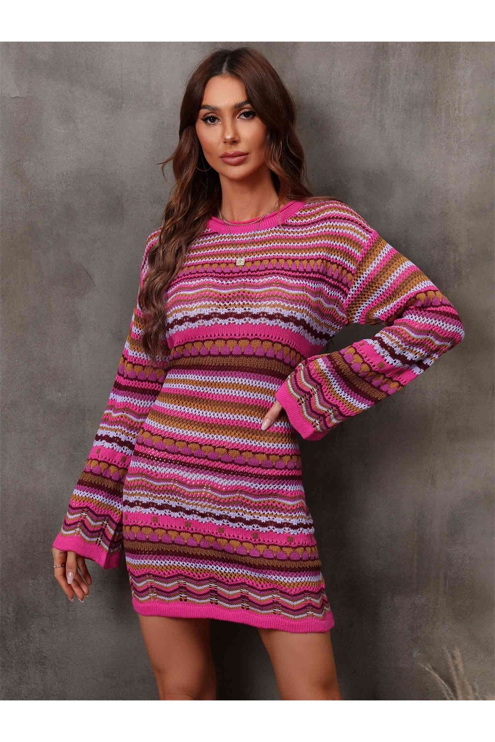 Multicolored Stripe Dropped Shoulder Sweater Dress - Sweater Dresses - FITGGINS