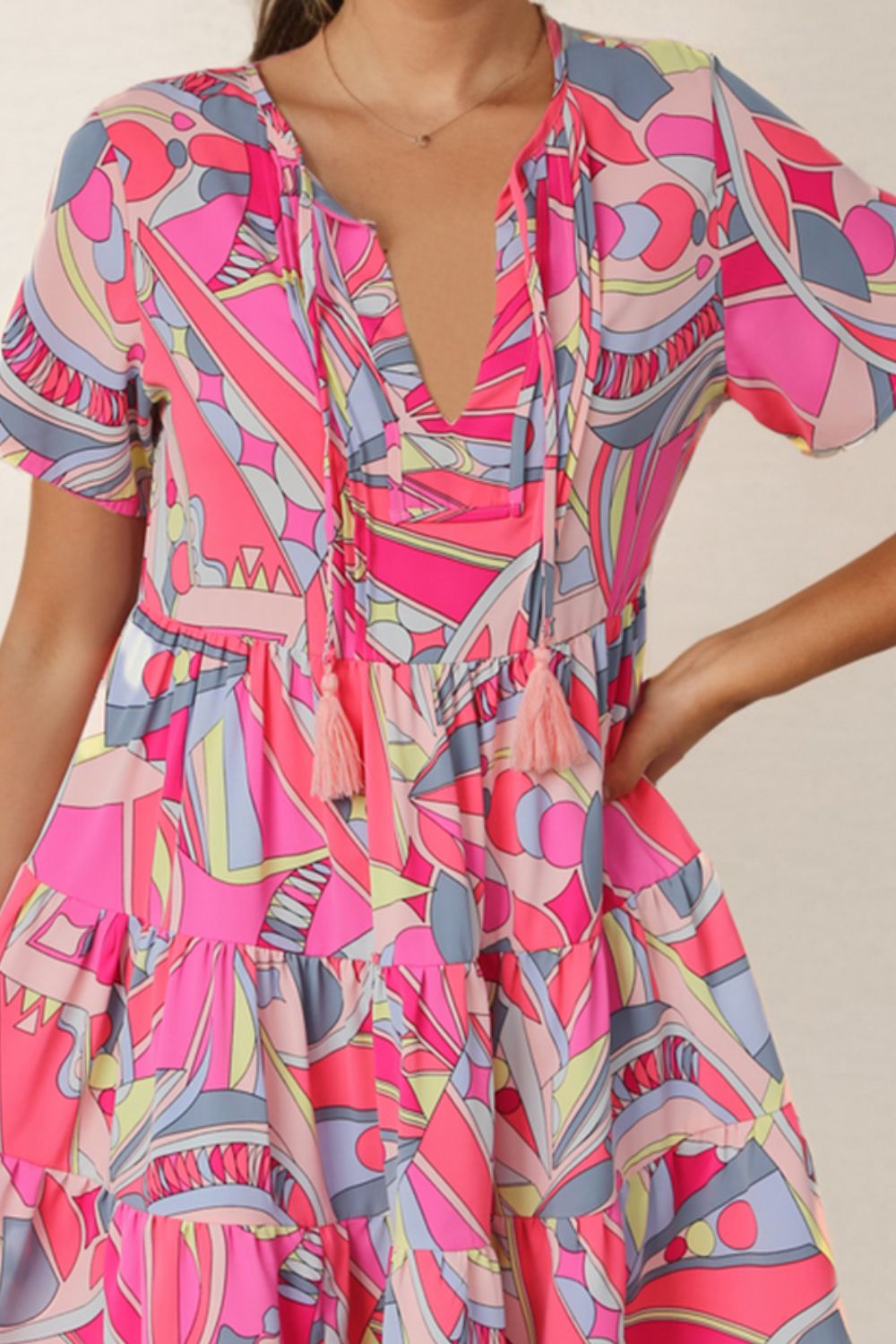 Multicolored Tie Neck Short Sleeve Tiered Dress - Casual & Maxi Dresses - FITGGINS