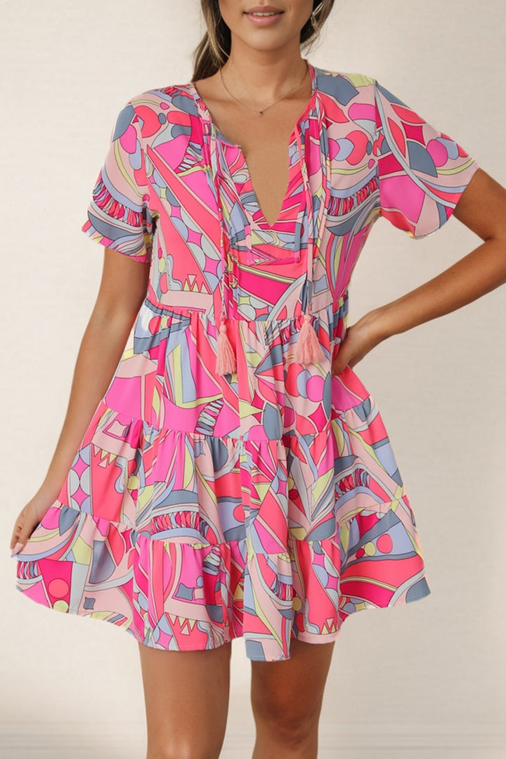 Multicolored Tie Neck Short Sleeve Tiered Dress - Casual & Maxi Dresses - FITGGINS