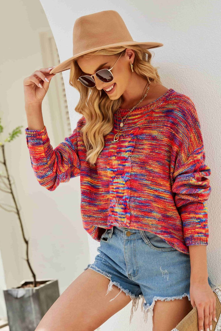 Multicolored Cable-Knit Drop Shoulder Sweater - Pullover Sweaters - FITGGINS