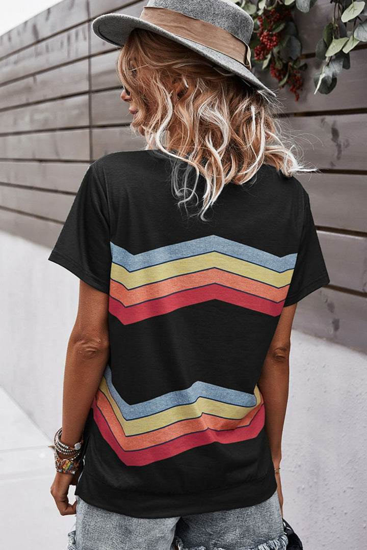 Multicolored Chevron Stripe Round Neck Side Slit T-Shirt - T-Shirts - FITGGINS