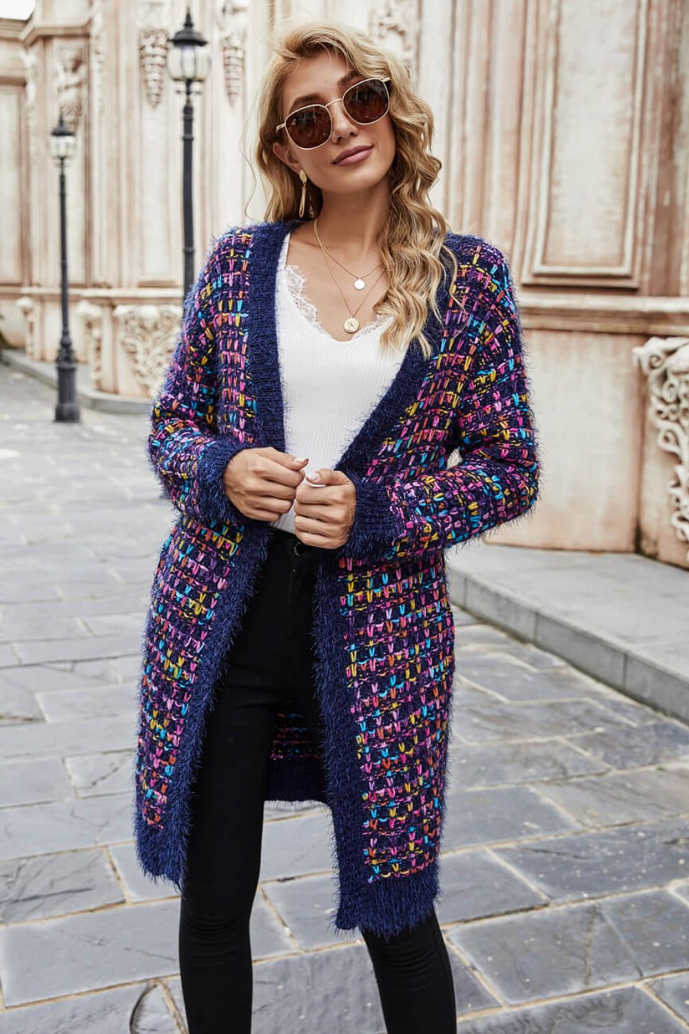 Multicolored Ribbed Trim Open Front Cardigan with Pockets - Cardigans - FITGGINS