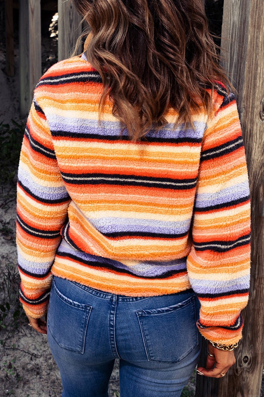 Multicolored Stripe Quarter Snap Fleece Sweatshirt - Sweatshirts & Hoodies - FITGGINS