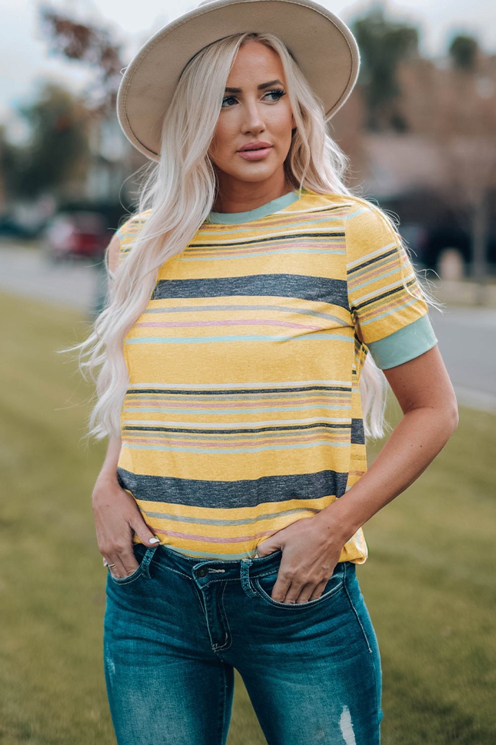 Multicolored Striped Round Neck Tee Shirt - T-Shirts - FITGGINS