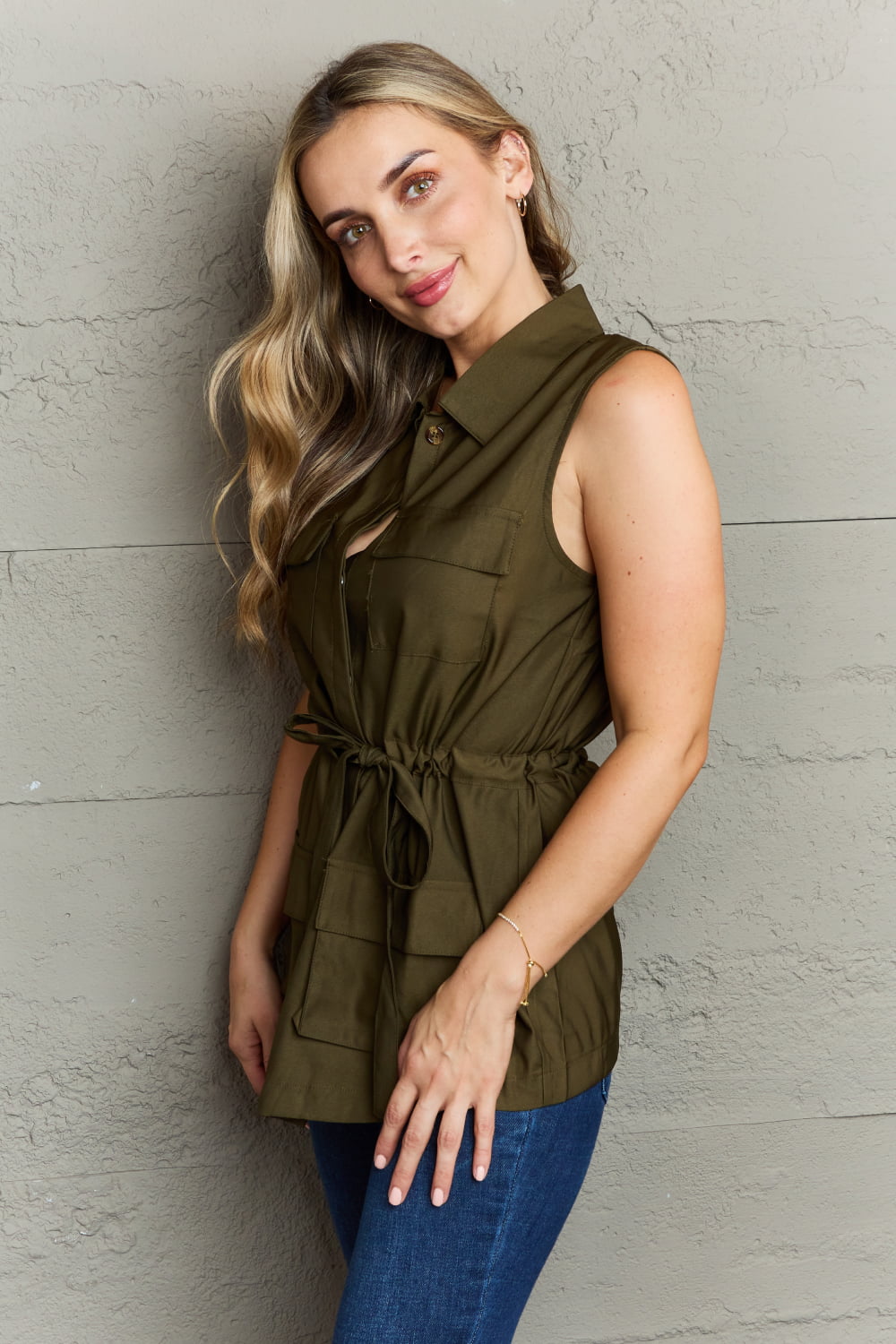 Ninexis Follow The Light Sleeveless Collared Button Down Top - Blouses - FITGGINS