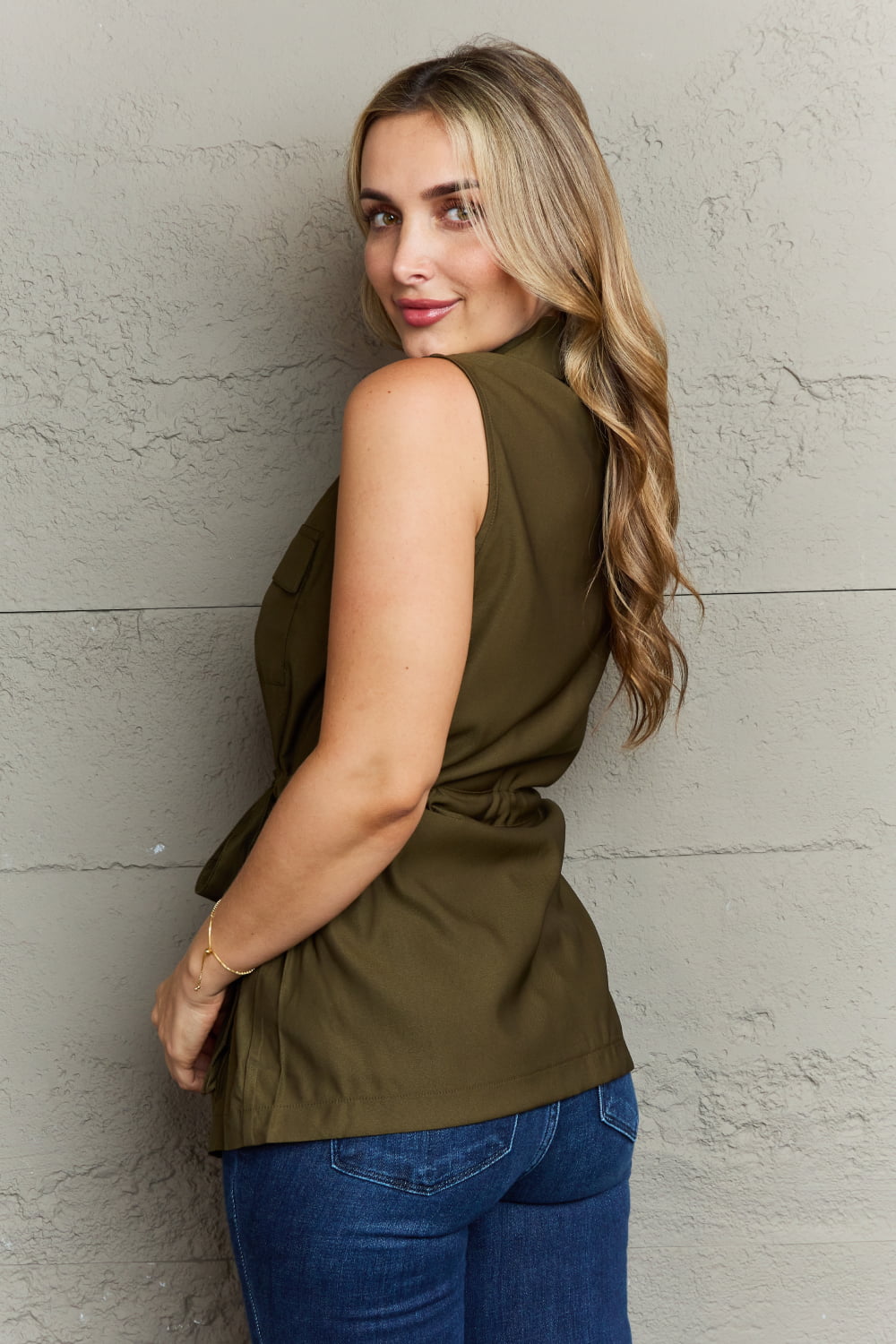 Ninexis Follow The Light Sleeveless Collared Button Down Top - Blouses - FITGGINS