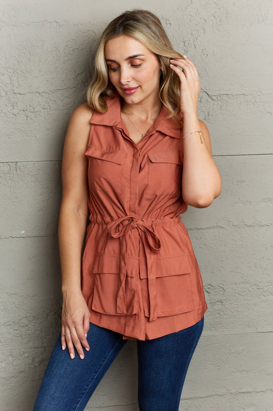 Ninexis Follow The Light Sleeveless Collared Button Down Top - Blouses - FITGGINS