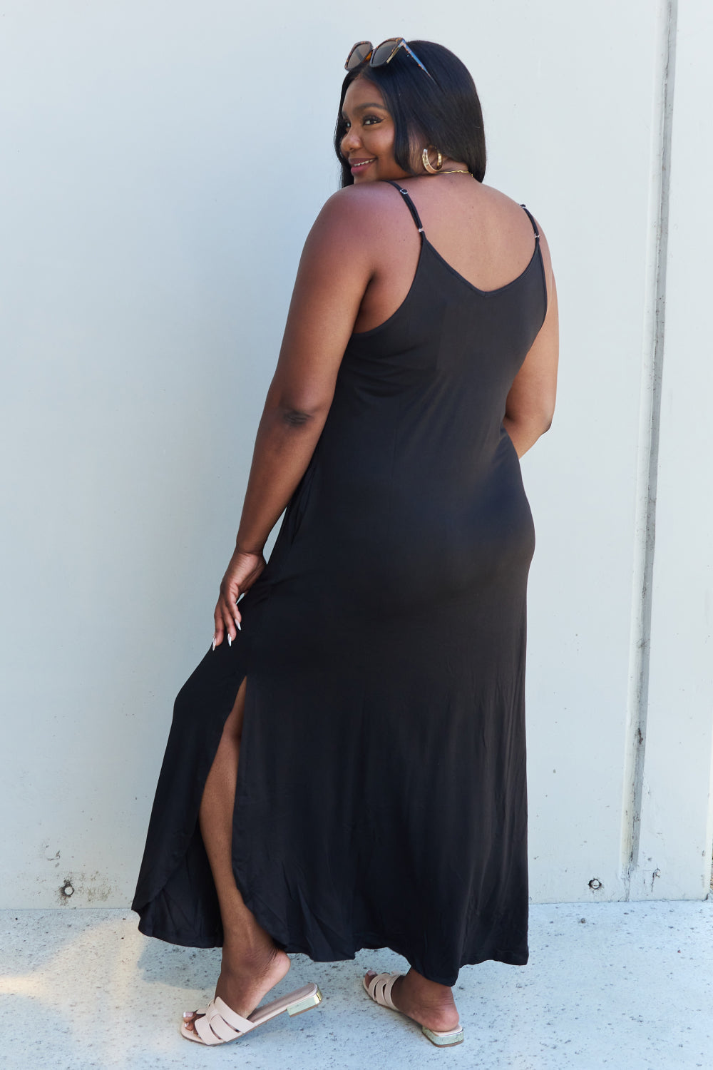 Ninexis Good Energy Full Size Cami Side Slit Maxi Dress in Black - Casual & Maxi Dresses - FITGGINS