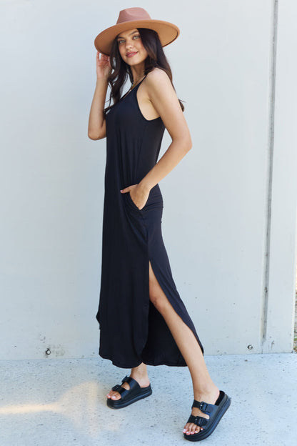 Ninexis Good Energy Full Size Cami Side Slit Maxi Dress in Black - Casual & Maxi Dresses - FITGGINS