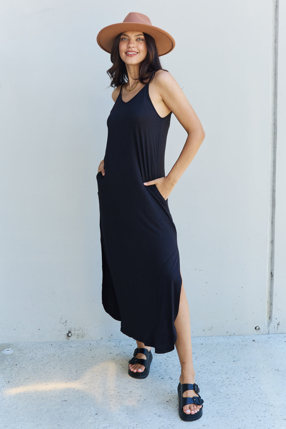 Ninexis Good Energy Full Size Cami Side Slit Maxi Dress in Black - Casual & Maxi Dresses - FITGGINS