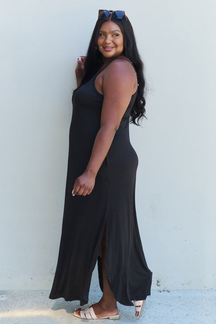 Ninexis Good Energy Full Size Cami Side Slit Maxi Dress in Black - Casual & Maxi Dresses - FITGGINS