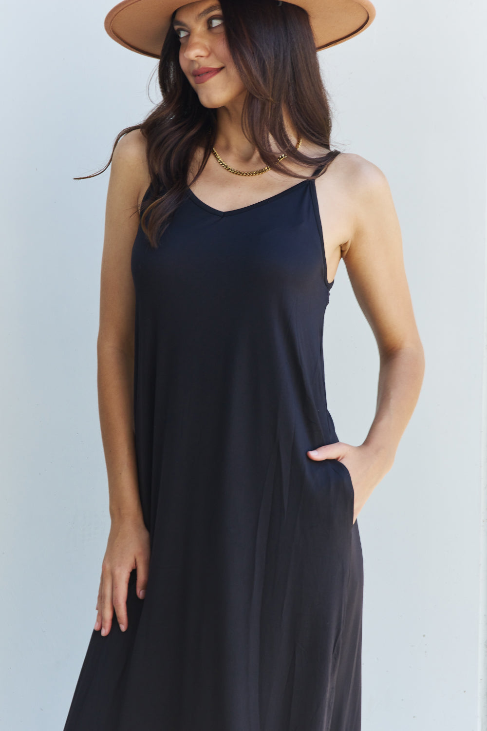 Ninexis Good Energy Full Size Cami Side Slit Maxi Dress in Black - Casual & Maxi Dresses - FITGGINS