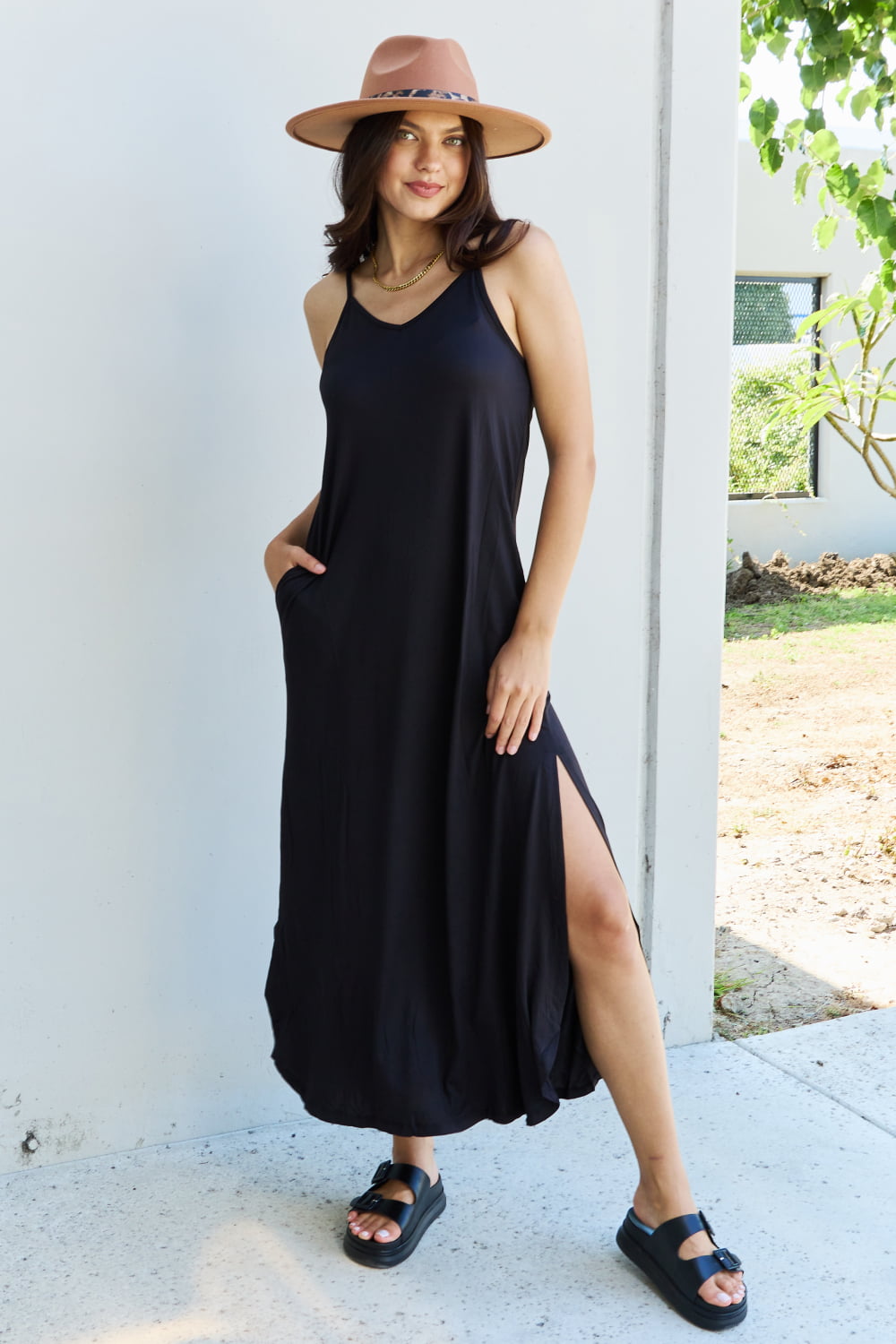 Ninexis Good Energy Full Size Cami Side Slit Maxi Dress in Black - Casual & Maxi Dresses - FITGGINS