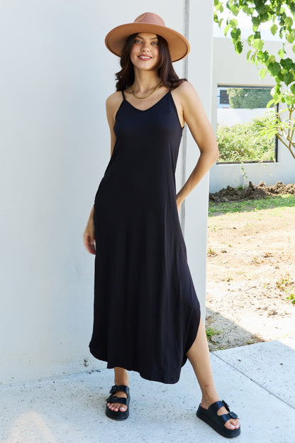 Ninexis Good Energy Full Size Cami Side Slit Maxi Dress in Black - Casual & Maxi Dresses - FITGGINS