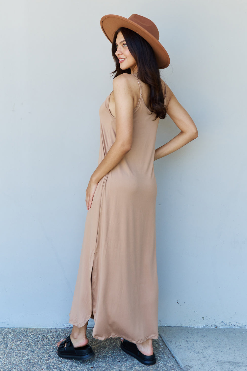 Ninexis Good Energy Full Size Cami Side Slit Maxi Dress in Camel - Casual & Maxi Dresses - FITGGINS