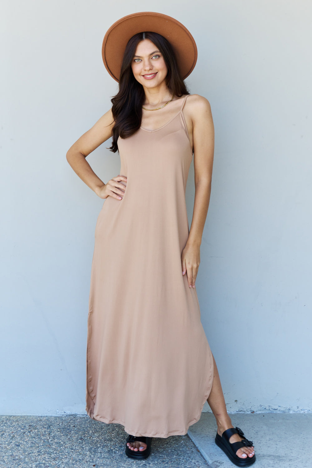 Ninexis Good Energy Full Size Cami Side Slit Maxi Dress in Camel - Casual & Maxi Dresses - FITGGINS