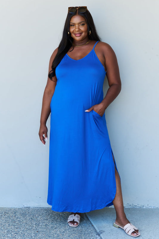 Ninexis Good Energy Full Size Cami Side Slit Maxi Dress in Royal Blue - Casual & Maxi Dresses - FITGGINS