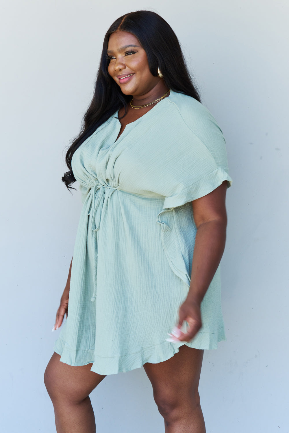 Ninexis Out Of Time Full Size Ruffle Hem Dress with Drawstring Waistband in Light Sage - Casual & Maxi Dresses - FITGGINS