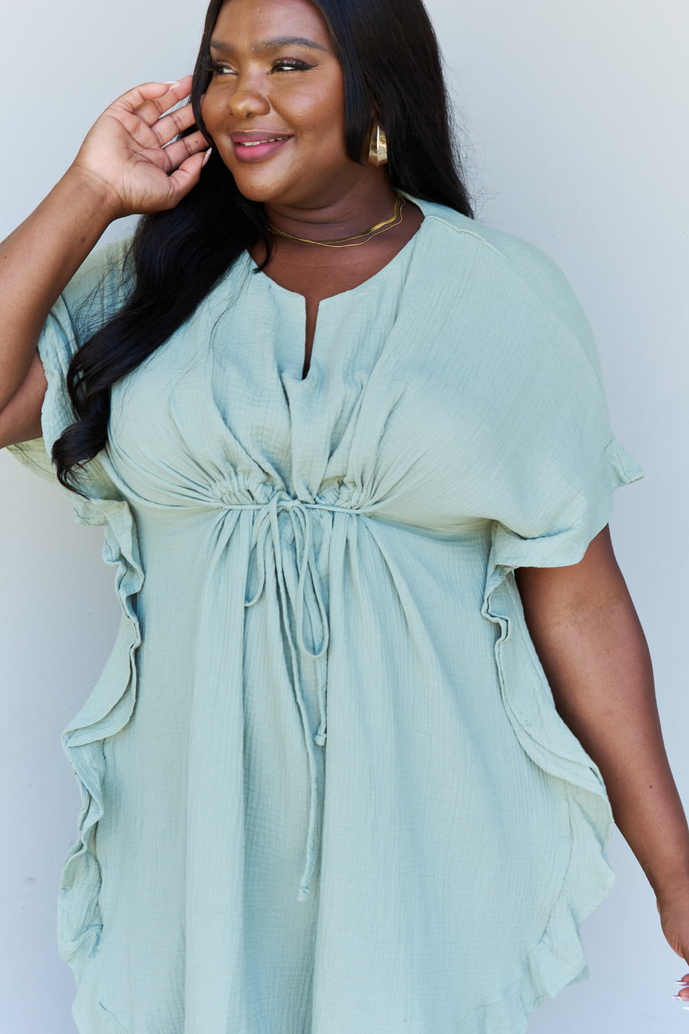Ninexis Out Of Time Full Size Ruffle Hem Dress with Drawstring Waistband in Light Sage - Casual & Maxi Dresses - FITGGINS