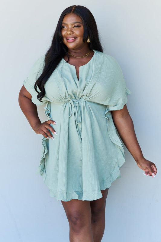 Ninexis Out Of Time Full Size Ruffle Hem Dress with Drawstring Waistband in Light Sage - Casual & Maxi Dresses - FITGGINS