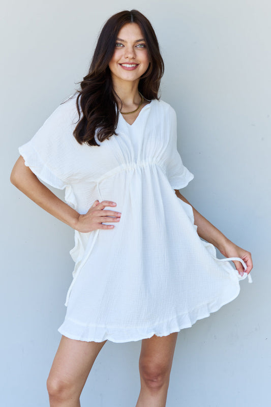 Ninexis Out Of Time Full Size Ruffle Hem Dress with Drawstring Waistband in White - Casual & Maxi Dresses - FITGGINS