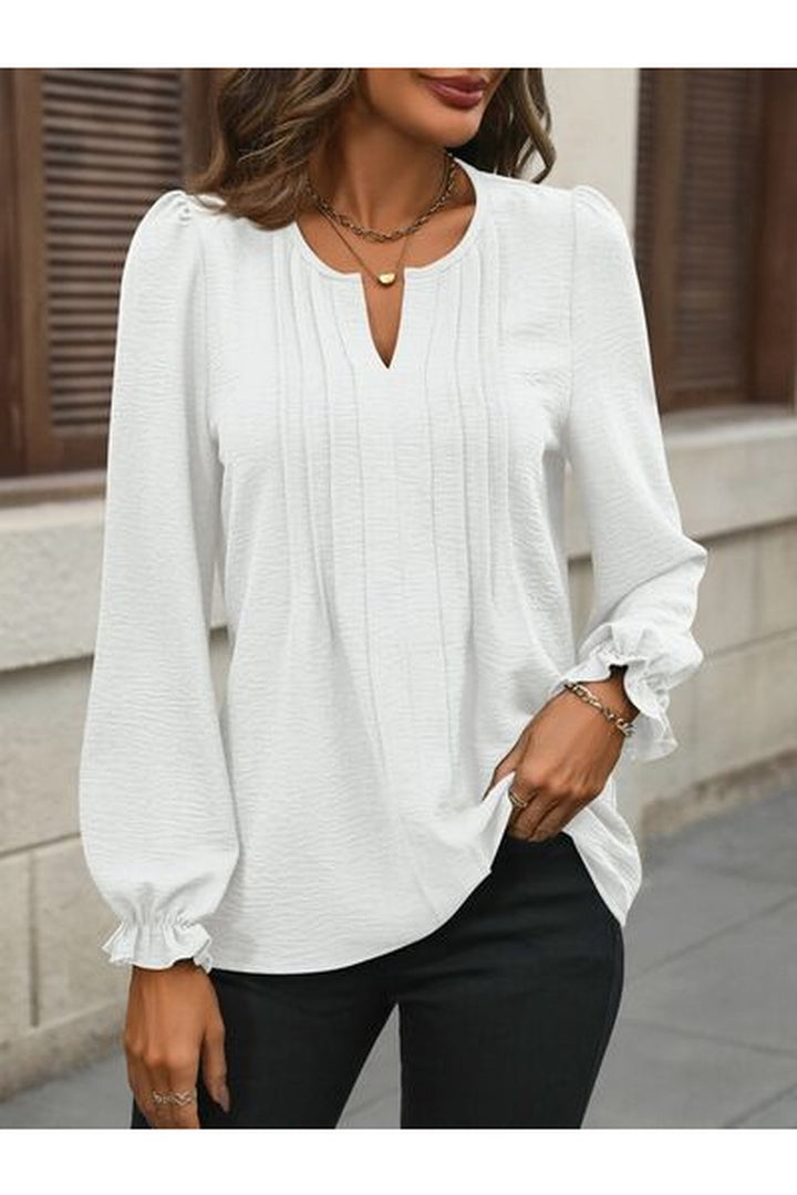 Notched Flounce Sleeve Blouse - Blouses - FITGGINS