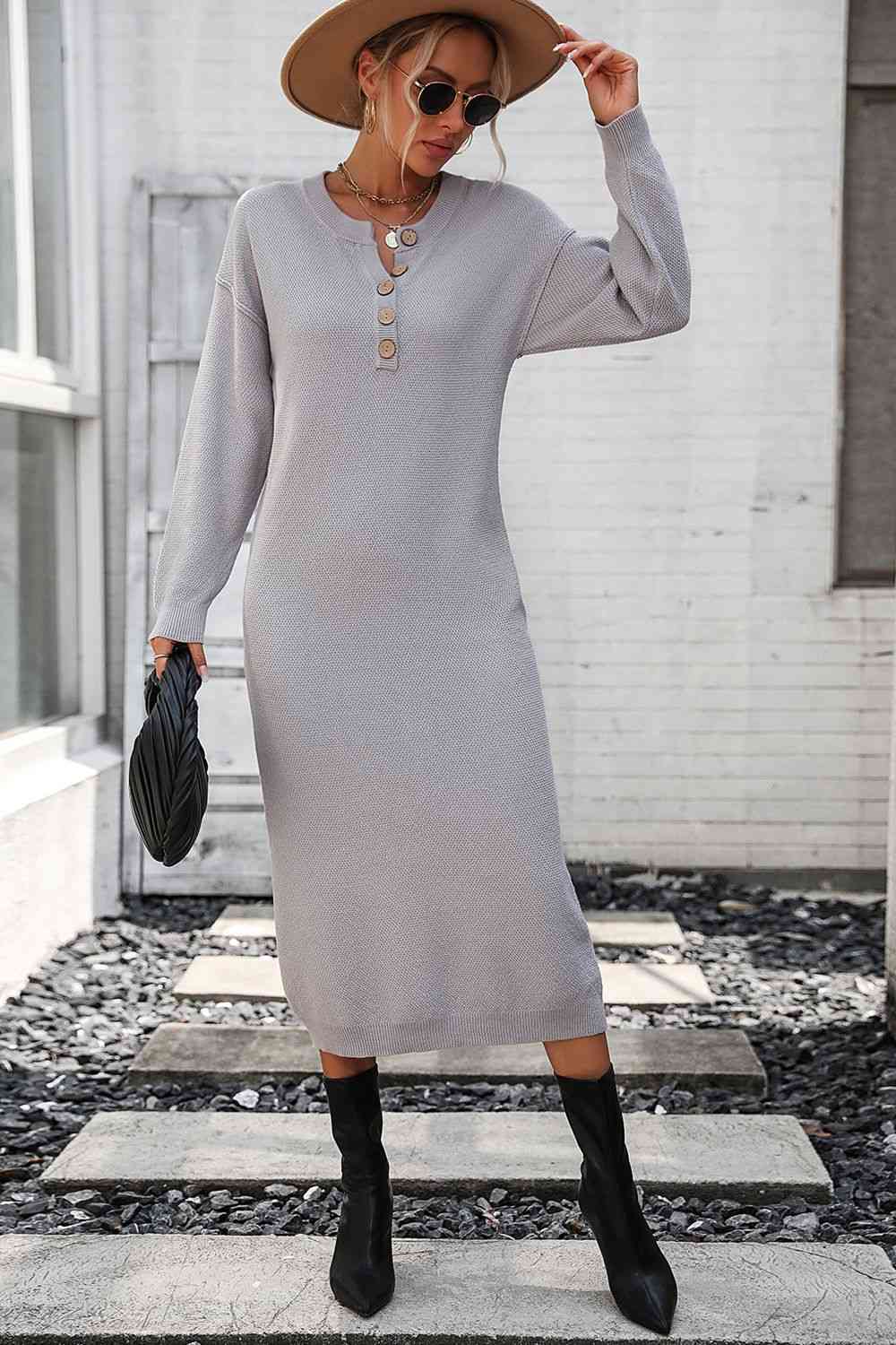 Notched Neck Dropped Shoulder Button-Down Midi Dress - Sweater Dresses - FITGGINS