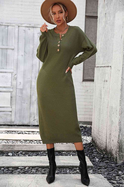 Notched Neck Dropped Shoulder Button-Down Midi Dress - Sweater Dresses - FITGGINS